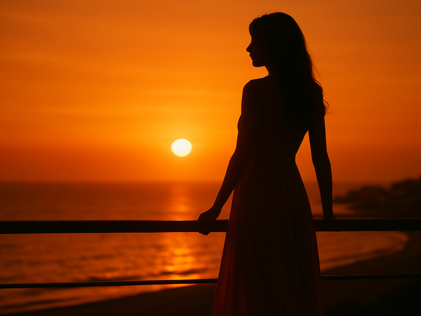 Silhouette d’une femme élégante en robe observant le coucher de soleil sur la mer au village naturiste du Cap d’Agde.